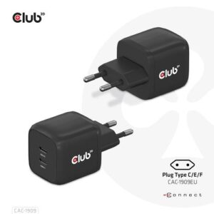 CLUB3D Travel Charger PPS 45W GAN technology, Dual port USB product type-C, Power Delivery(PD) 3.0 Support
