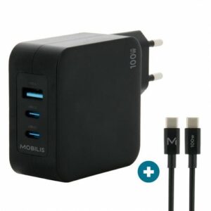 Mobilis Charger 100W 2USB C 1USBA GaN cable 100W Laptop, Smartphone, Tablet Zwart AC Binnen